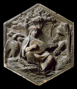 Alegoría de la música como Orfeo. Los animales del bosque escuchan a Orfeo tocando el laúd. Alto relieve por Luca della Robbia