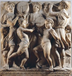 Niños y querubines bailando, cantando y tocando (detalle) por Cantoria (galería del coro) de Luca Della Robbia