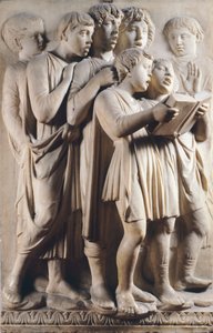 Niños y querubines cantando (detalle) por Cantoria (galería del coro) de Luca Della Robbia