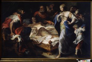 ""Antiochus (ou Antiochos) et Stratonice (ou Stratonike)"" (Antiochus and Stratonice) Antiochus, hijo del rey Seleucus (o Seleucus) I Nicator es tratado por el médico Erasistratus de Ceos de una enfermedad debido a su amor por Stratonice , la esposa de su  de Luca Giordano
