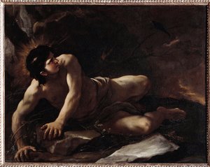La tentación de San Benito, que se lanza a las zarzas para evitar las tentaciones de Luca Giordano