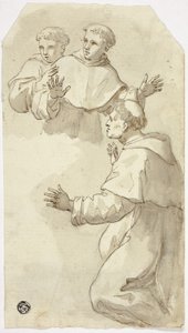 Tres monjes sobresaltados, uno de rodillas, dos de pie