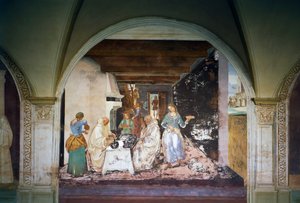 Benedicto diciendo a dos monjes cuándo y dónde han comido fuera del monasterio, escena de la Vida de San Benito