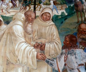 Benedicto recibe a Totila quien vino a disculparse por haber puesto a prueba a Benito (detalle) fresco del claustro realizado por Luca Signorelli (ca. 1445-1523) de Luca Signorelli