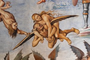 Maldito sea el infierno, detalle del demonio volador que lleva sobre sus hombros a una próspera pecadora y mira hacia ella sonriendo, evidentemente satisfecho con la presa de Luca Signorelli