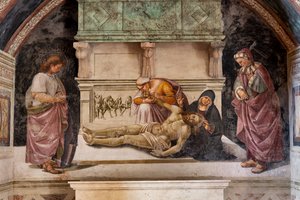 Lamentación del Cristo Muerto entre los dos santos de Orvieto (S. Parenzo a la derecha y S. Faustino a la izquierda)