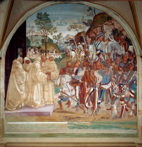 San Benito de Nursia recibiendo a Totila (siglo VI) rey de los Ostrogodos fresco del refectorio de los monjes hecho por Luca Signorelli relatando la vida de San Benito de Nursia (480 - 567) fundador de la Orden de los Benedictinos. 1503 - 1508 Abadía de Luca Signorelli