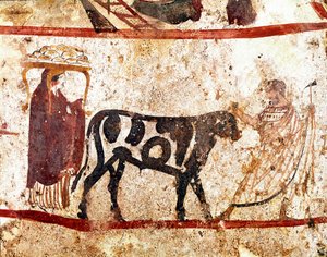 Un toro llevado al altar del sacrificio. Fresco lucano del siglo IV a.C., de la necrópolis de Andriuolo en Paestum, Italia. Museo arqueológico nacional, Paestum de Lucanian School