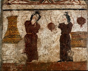 Un grupo de bailarines durante un rito funerario Fresco lucano del siglo IV a.C., de la necrópolis de Paestum, Italia. Museo nacional arqueológico, Paestum de Lucanian School