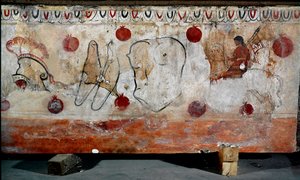 Un jinete y los diferentes elementos de su armadura Fresco lucano del siglo IV a.C., de la necrópolis de Paestum, Italia. Museo nacional arqueológico, Paestum de Lucanian School