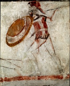 Un guerrero con una lanza y un escudo, fresco lucano del siglo IV a.C., de la Tumba del Jinete, sitio de Paestum, Italia. Museo Nacional Arqueológico, Paestum de Lucanian School