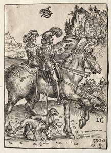Un caballero y una dama cabalgando hacia la caza