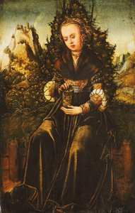 Santa María Magdalena sentada en un borde herboso en un paisaje montañoso de Lucas Cranach