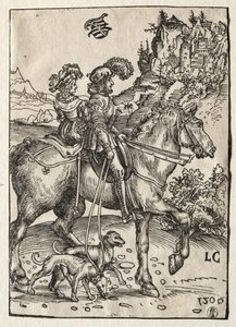Un caballero y una dama cabalgando hacia la caza