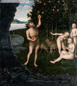 Hércules robando las manzanas de las Hespérides de Los trabajos de Hércules de Lucas Cranach the Elder