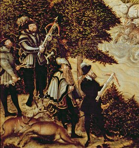 Johann Friedrich el Magnánimo, Elector de Sajonia y el Emperador Carlos V cazando ciervos cerca del Castillo de Hartenfels, Torgau, 1544 (detalle) de Lucas Cranach the Elder
