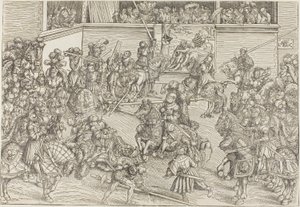 El Segundo Torneo con un tapiz que muestra a Sansón y al León de Lucas Cranach the Elder