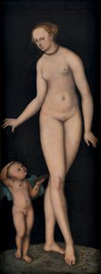 Venus con Cupido como ladrón de miel sobre fondo negro de Lucas Cranach the Elder