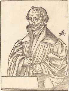 Philip Melanchton, medio cuerpo a la izquierda, de pie detrás de un parapeto de Lucas Cranach the Younger