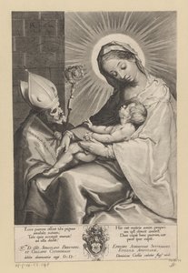 María y el niño adorados por un obispo