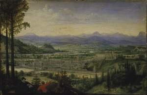 Vista de Linz con artista dibujando en primer plano, 1593