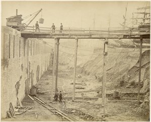 Construcción de la ampliación del Limehouse Basin, Londres, mayo 1869 de Lucas and Tuck