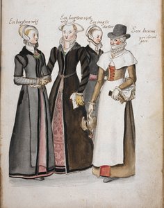 Cuatro inglesas vestidas de la época isabelina: la esposa de un ciudadano de Londres, la esposa de un ciudadano adinerado de Londres, la hija de la esposa de un ciudadano de Londres y una campesina, 