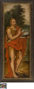 Juan Bautista (izquierda), Donante (derecha), Vanitas (cerrada), Lucas de Heere, Museo de Bellas Artes de Gante, S-101, panel izquierdo abierto