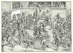 El torneo con el tapiz de Sansón y el león de Lucas the Elder (after) Cranach