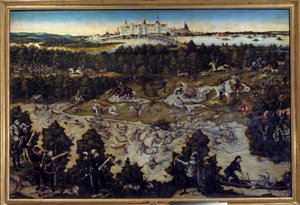 Caza en honor de Carlos V en el castillo de Torgau en Alemania. Pintura de Lucas Cranach el Viejo (1472-1553) 1544. Madrid. Museo del Prado de Lucas the Elder Cranach