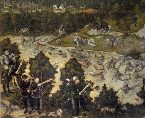 Caza en honor de Carlos V en el castillo de Torgau en Alemania (detalle) de Lucas the Elder Cranach