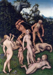 El cierre de la Edad de Plata. Tema inspirado en los antiguos poemas griegos de Hesíodo (siglo VII a.C.) en "Los trabajos y los días", los hombres comienzan a perder su inocencia y parte de su felicidad. Pintura de Lucas de Lucas the Elder Cranach