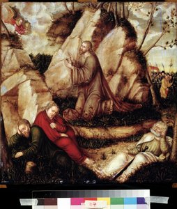 ""Oración en el Huerto de los Olivos"" (Agonía en el Huerto) Después de la última cena, Cristo va con los apóstoles al monte de Getsemaní que domina Jerusalén. Los soldados romanos ayudantes de Judas se acercan para arrestarlo. Pintura sobre madera de L