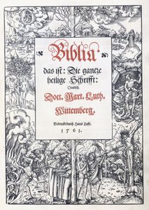 Página del título, con un fino borde pictórico de "Biblia, das ist: Die gantze heilige Schrifft: Deudsch", traducida por Martin Luther, 1560-1561