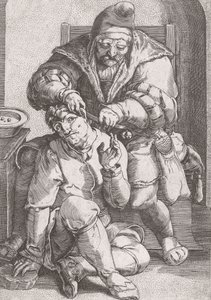 Cirujano barbero del siglo XVII atendiendo el oído de un paciente de Lucas van (after) Leyden