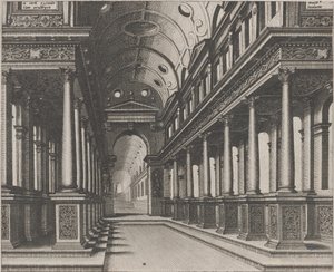 Interior de una iglesia con una estatua en el fondo de Lucas van Doetechum and Johannes