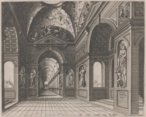 Interior de un salón abovedado decorado con grotescos