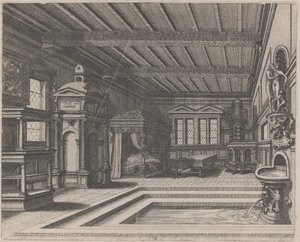 Interior con buffet, portal de entrada y cama con dosel de Lucas van Doetechum and Johannes