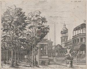 Paisaje con Árboles, Dos Ciervos y un Patio de Palacio