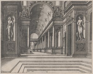 Vista en una Iglesia con Columnas Corintias y Estatuas de Apolo, Melpómene y Moisés de Lucas van Doetechum and Johannes