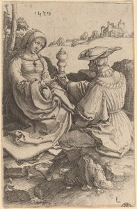 Un noble y una dama sentados en un paisaje de Lucas van Leyden