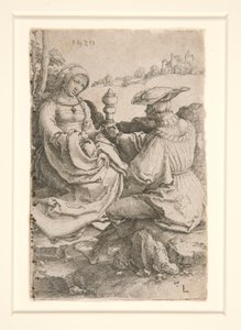 Un noble y una dama sentados en un paisaje de Lucas van Leyden