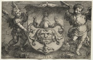 Un escudo con una máscara sostenida por dos genios de Lucas van Leyden