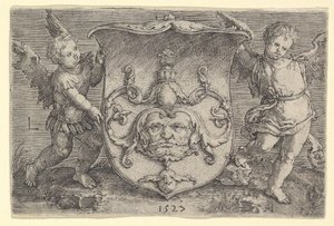 Escudo de armas con una máscara, sostenido por dos genios, 1527 de Lucas van Leyden