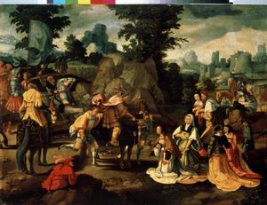 David y Abigail (Abigael, Abigail). Pintura de Lucas van Leyden (1489/94-1533). Óleo sobre madera. Arte renacentista de las tierras bajas. Museo de Arte Occidental y Oriental, Odessa (Ucrania)