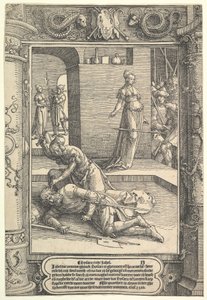 Jael Matando a Sísara, marco ornamental, ca. 1517 de Lucas van Leyden