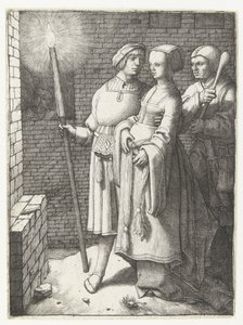 Joven con una antorcha, una mujer y un nar de Lucas van Leyden