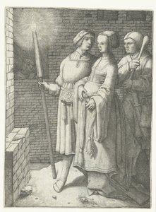 Joven con una antorcha, una mujer y un nar de Lucas van Leyden