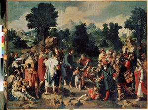 La curación del ciego de Jericó (panel central). La curación del ciego de Jericó. Milagro de Jesucristo que cura a Bartimeo de Jericó y le devuelve la vista. Pintura de Lucas Van Leyden (1489/94-1533)