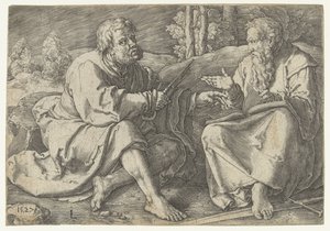 Paul y Peter sentados en un paisaje. de Lucas van Leyden